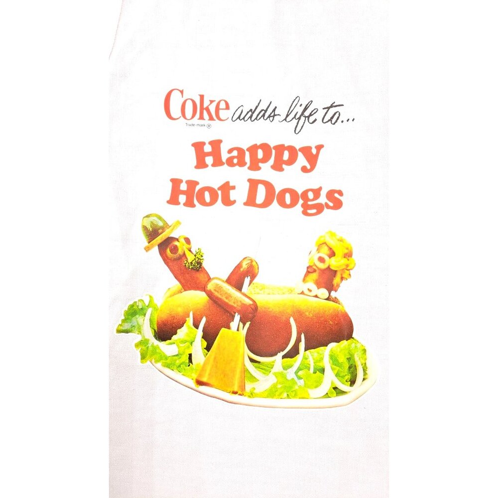 Vintage Coca-Cola Coke Happy Hot Dogs White Apron Graphic Print From 1970s New - Picture 3 of 5